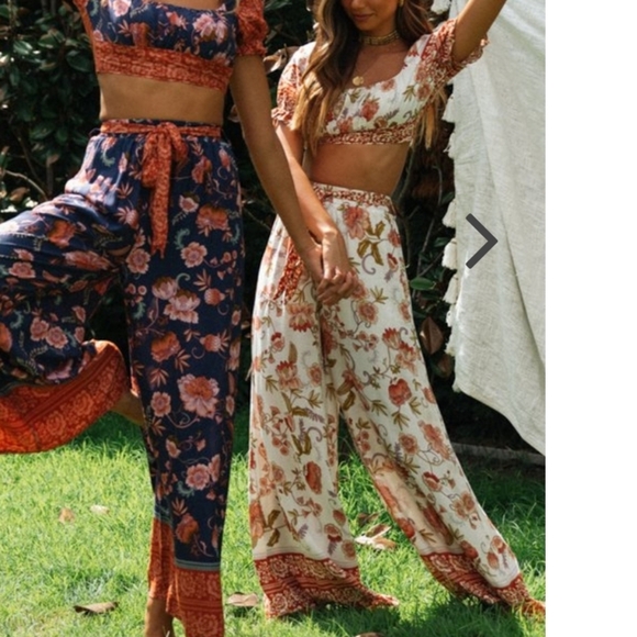 Mura Boho pattern white orange floral crop top and flowy pants set small nwt - Picture 4 of 7